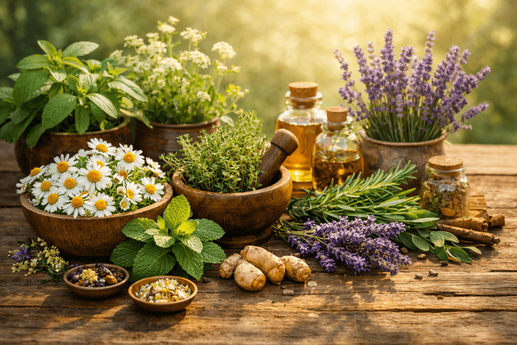 Plantes médicinales sur table en bois