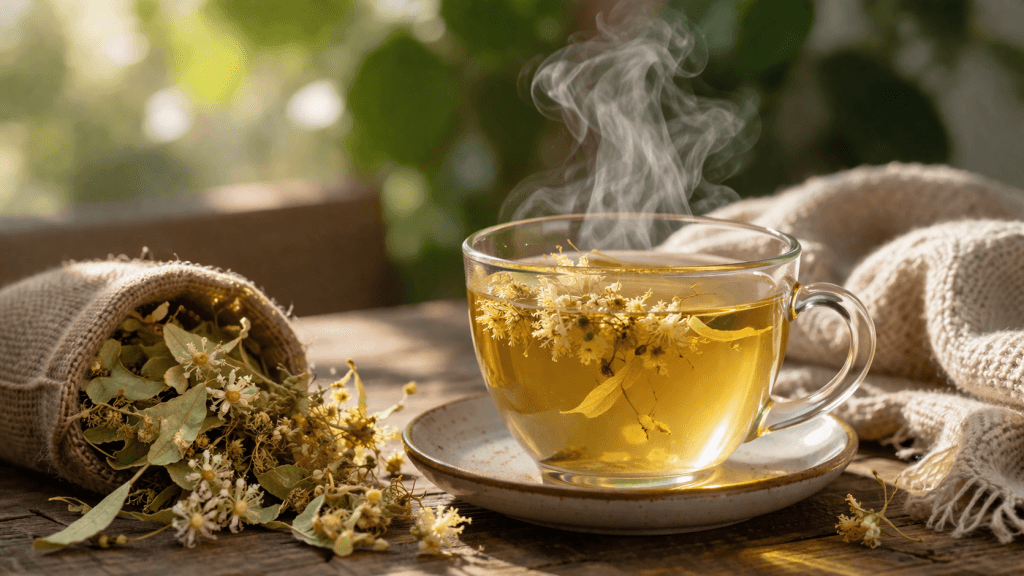 Tasse fumante de tisane de tilleul avec fleurs séchées sur table en bois, ambiance naturelle relaxante