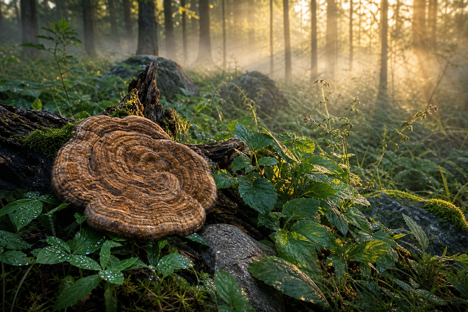 Amadou, champignon médicinal ancestral issu de Fomes fomentarius sur un tronc d’arbre