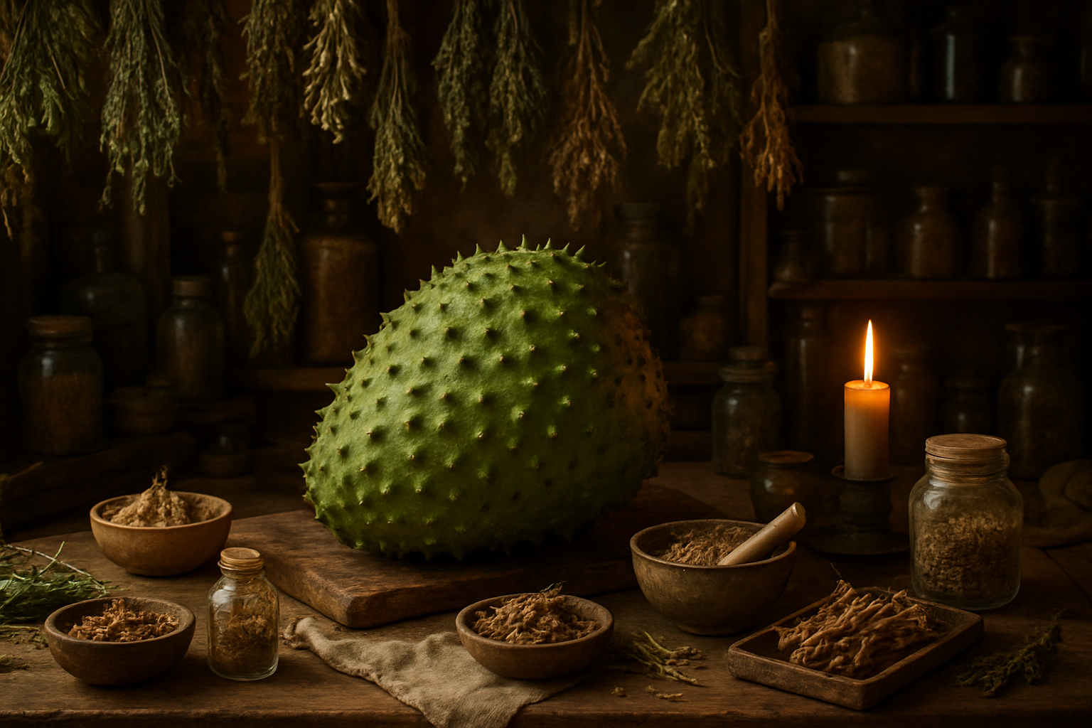 Feuilles et fruit de Graviola utilisés dans les traditions tropicales avec prudence