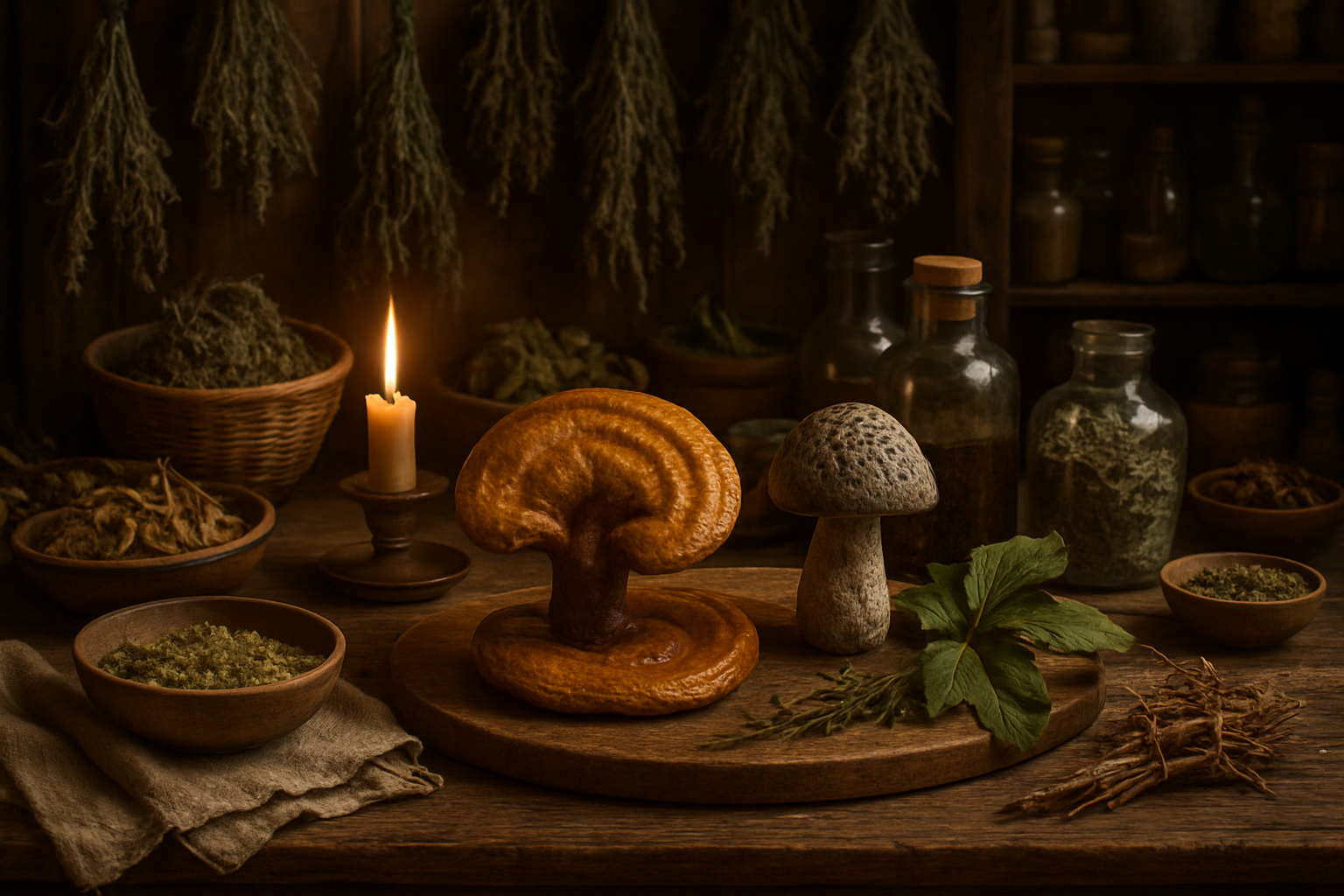 Routine avec anti-inflammatoires naturels en infusion, repas et champignons médicinaux