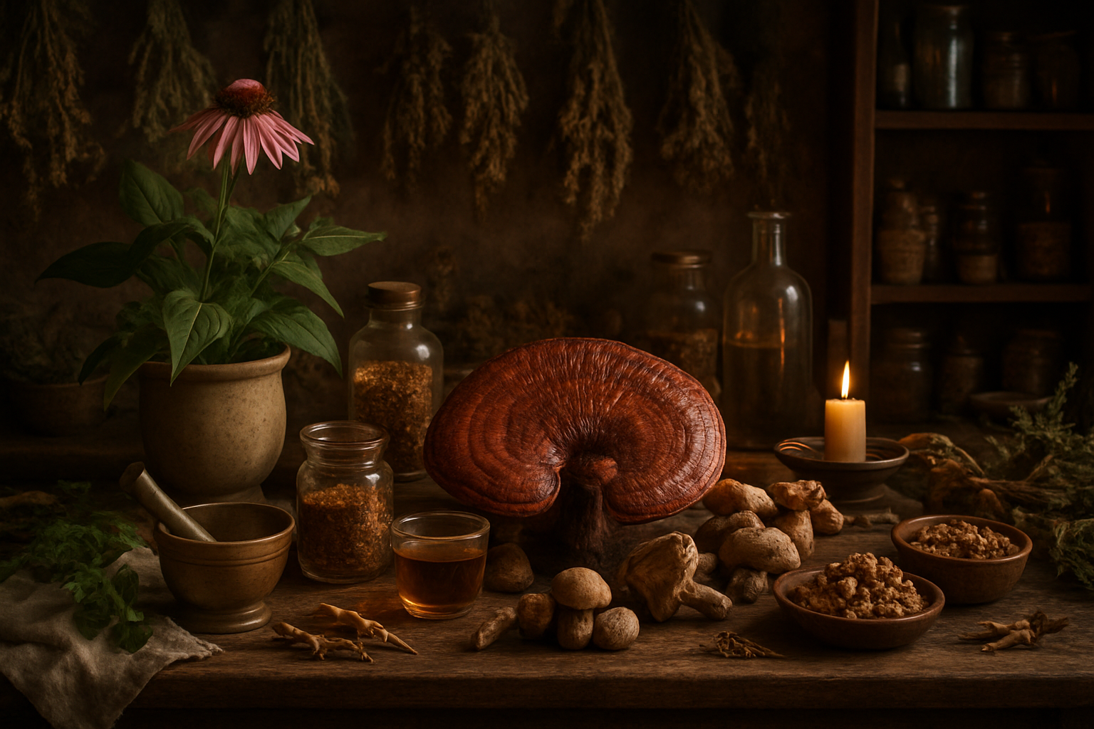 Champignons médicinaux riches en antioxydants naturels comme le shiitaké et le chaga