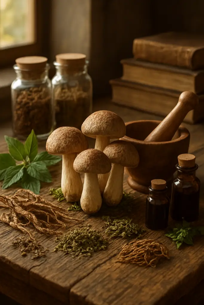 Agaricus blazei, champignon reconnu pour ses bienfaits naturels et traditionnellement utilisé pour soutenir les défenses immunitaires et le bien-être général.