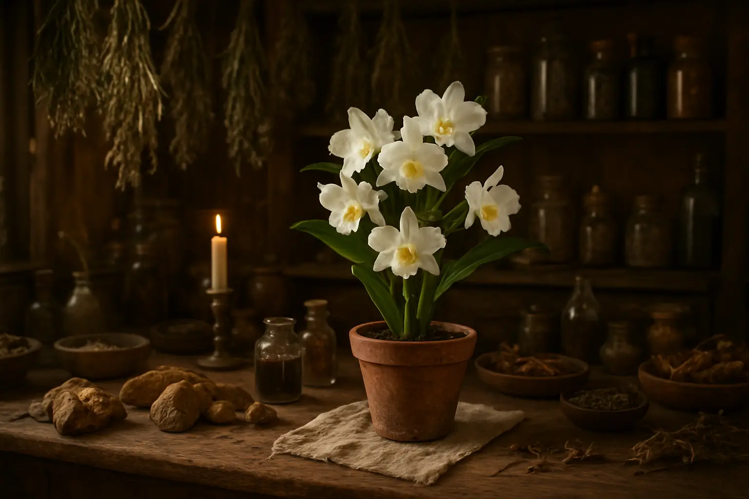 Tiges et fleurs de Dendrobium nobile utilisées en herboristerie asiatique