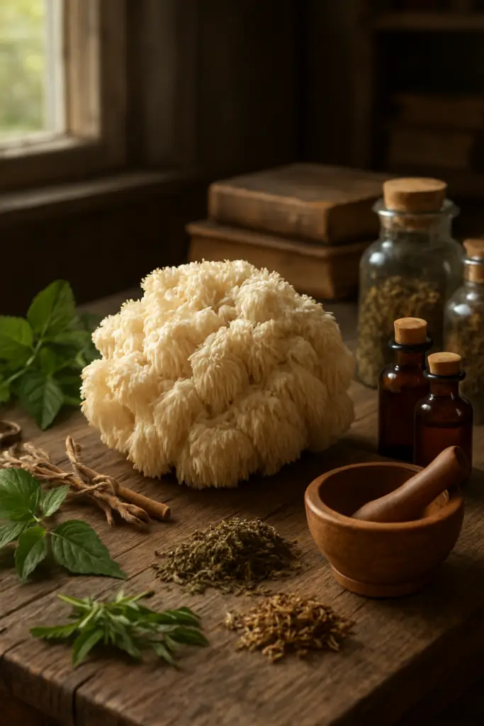 Hericium coralloides, champignon corail rare apprécié pour ses bienfaits naturels et son potentiel à soutenir le bien-être et les fonctions cognitives.
