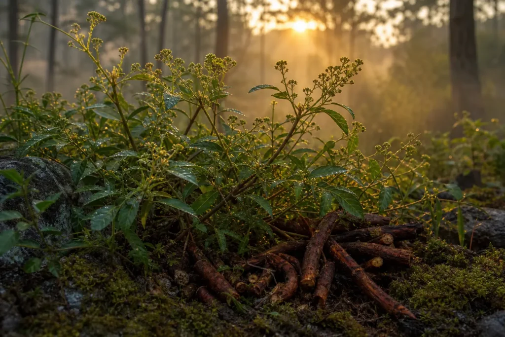 Manjistha (Rubia cordifolia), plante médicinale traditionnellement utilisée pour la détox et la purification naturelle.