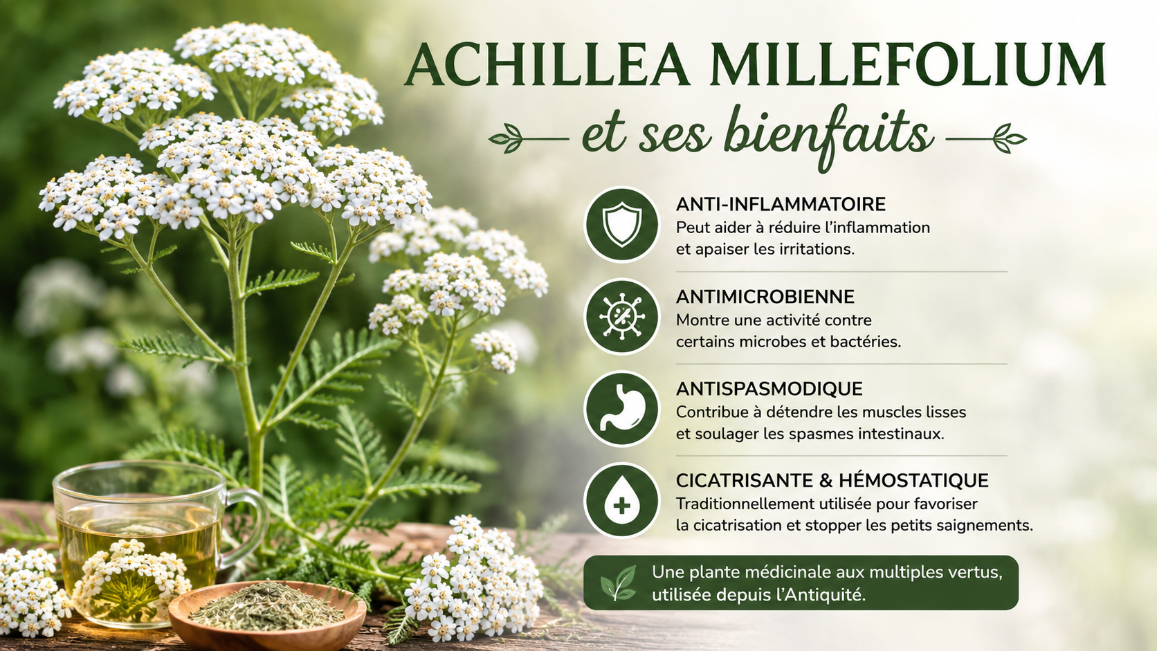 Achillea millefolium en fleurs, plante médicinale aux bienfaits anti-inflammatoires et digestifs