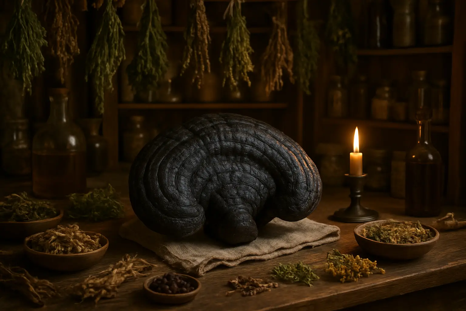 Black Hoof Mushroom sur bouleau, champignon médicinal sibérien traditionnel
