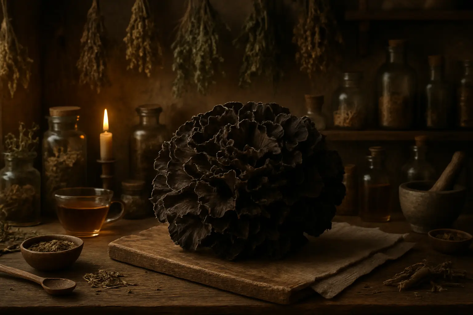 Maitake noir cuisiné, champignon rare aux fibres et aux composés naturels utiles au bien-être