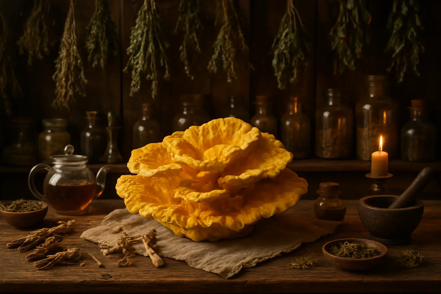 Jeune Polypore soufré comestible appelé poulet des bois
