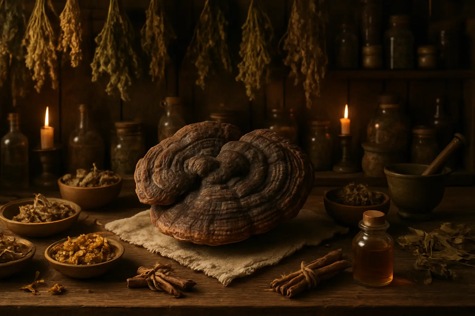 Sanghuang champignon médicinal asiatique rare poussant sur un tronc d’arbre